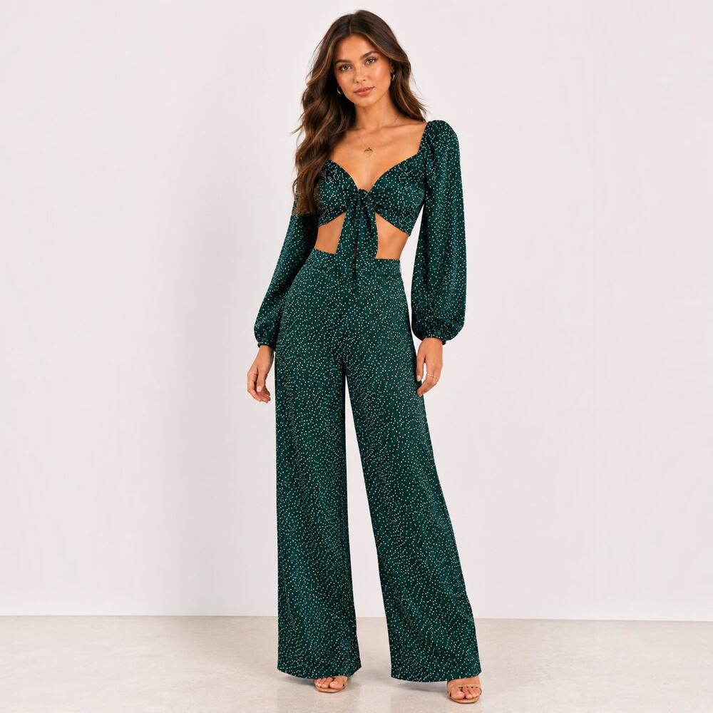 NWT Nasty Gal Green Polka Dot Satin Two Piece Set Crop Top & Wide Leg Pants - Picture 10 of 10